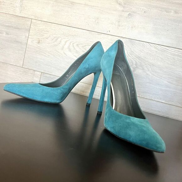 Stuart Weitzman Queen Caribe Turquoise Teal Suede Stiletto Heels Women’s 9.5 M - Picture 12 of 16